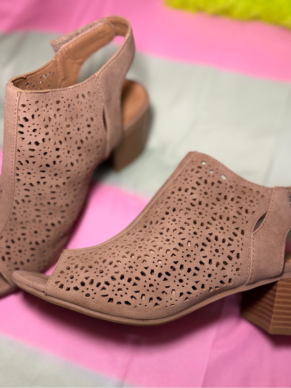 Peep-Toe Laser-Cut Heeled Booties in Taupe